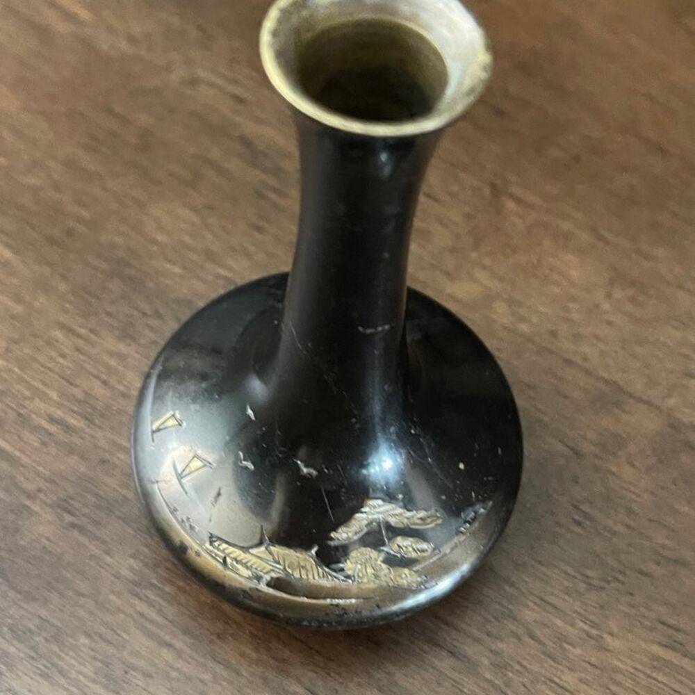 Vintage black on brass mini vase Japan 4-1/4"